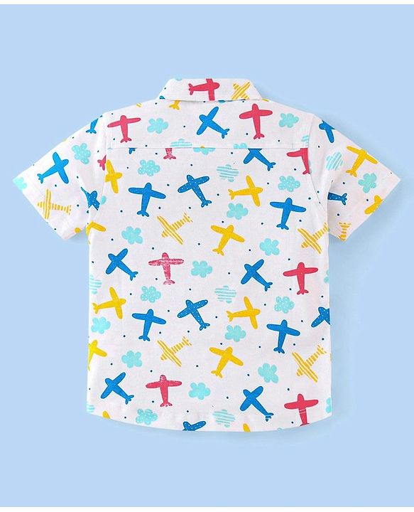 Babyhug 100% Cotton Knit Half Sleeves Regular Collar Shirt Airplane Print - White