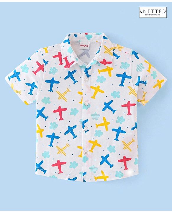 Babyhug 100% Cotton Knit Half Sleeves Regular Collar Shirt Airplane Print - White