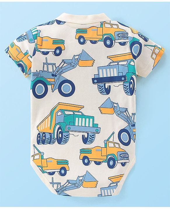 Babyhug 100% Cotton Half Sleeves Onesies With Truck Print - White