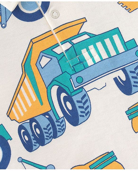 Babyhug 100% Cotton Half Sleeves Onesies With Truck Print - White