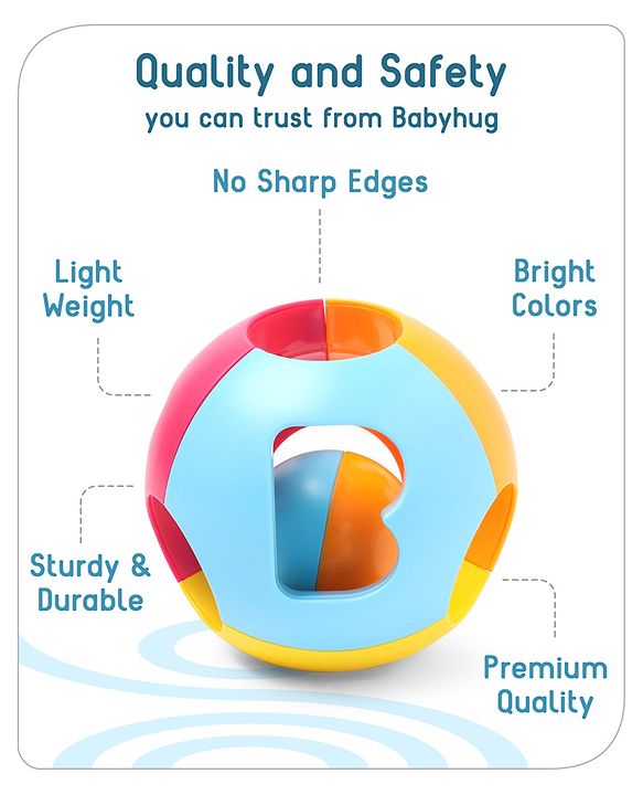 Babyhug Colorful Action Rattle Ball For Kids| Fun Color & Soft Rattling Sound| Attractive Baby Ball Shape Rattle for 3 Months+| Gifting Toy| Child Safe Material| Non- Toxic| BIS Certified