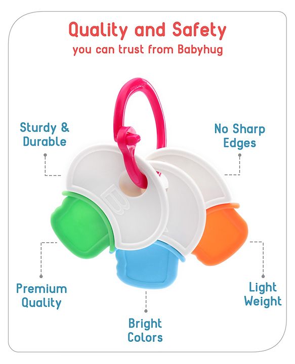 Babyhug Non Toxic BPA Free Key Shaped Teether|Easy to Grip|Fits in Mouth, Stimulates and Massages Sore Gums|Gifting Toy| Child Safe Material| BIS Certified| 0 Months+