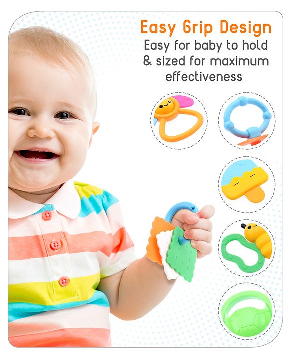 Babyhug Teether Gift Set Pack of 6||Easy to Grip|Fits in Mouth, Stimulates and Massages Sore Gums| Gifting Toy| Child Safe Material| BIS Certified| 4 Months+