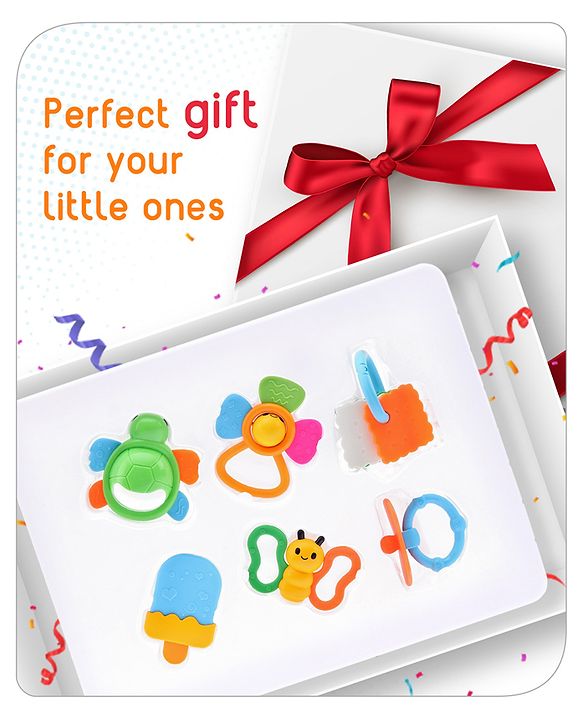 Babyhug Teether Gift Set Pack of 6||Easy to Grip|Fits in Mouth, Stimulates and Massages Sore Gums| Gifting Toy| Child Safe Material| BIS Certified| 4 Months+