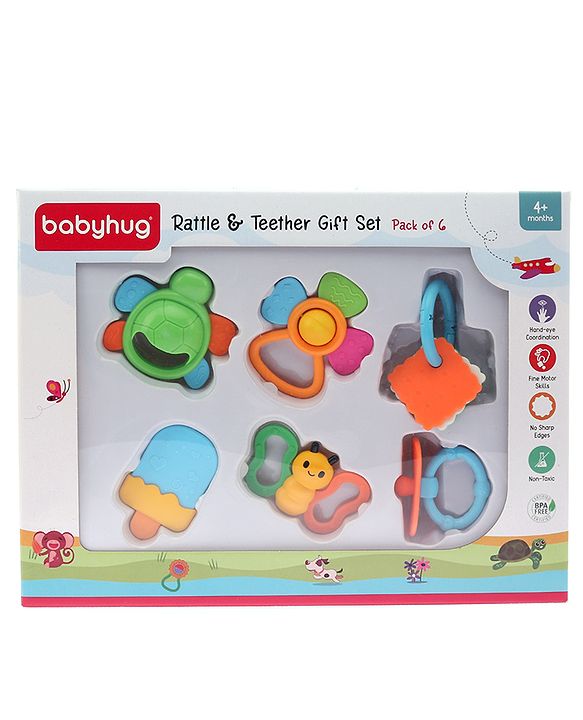 Babyhug Teether Gift Set Pack of 6||Easy to Grip|Fits in Mouth, Stimulates and Massages Sore Gums| Gifting Toy| Child Safe Material| BIS Certified| 4 Months+