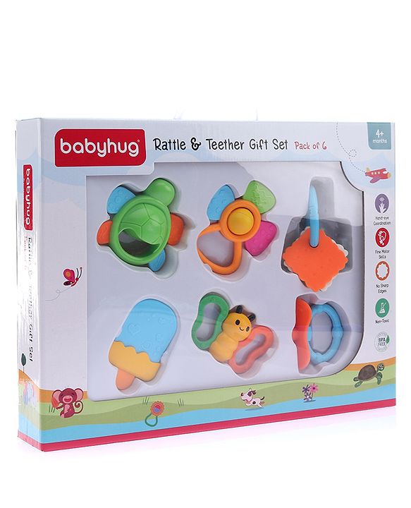 Babyhug Teether Gift Set Pack of 6||Easy to Grip|Fits in Mouth, Stimulates and Massages Sore Gums| Gifting Toy| Child Safe Material| BIS Certified| 4 Months+