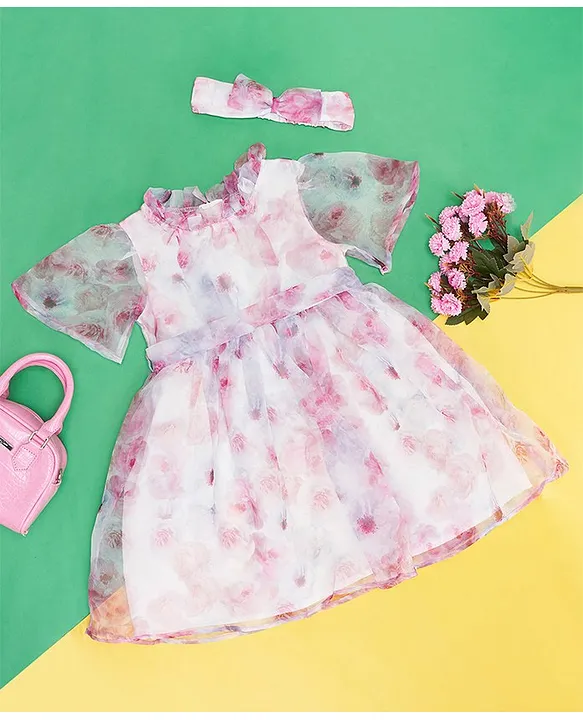 Buy Pantaloons Junior Half Bell Sleeves Water Colour Effect Floral Printed  Fit & Flare Dress With Headband Blush Pink for Girls (7-8Years) Online in  India, Shop at  - 15366520