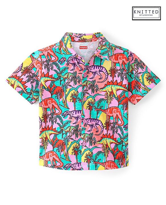 Babyhug Cotton Knit Half Sleeves Regular Collar Dino Printed Shirt - Red & Blue