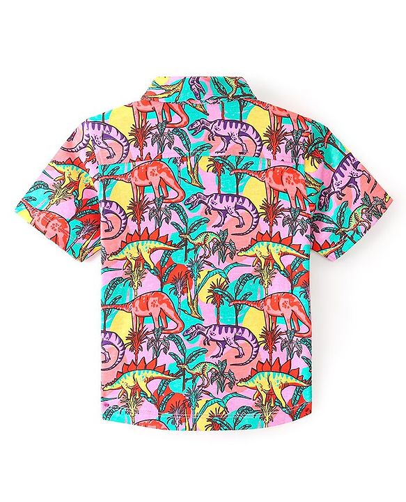 Babyhug Cotton Knit Half Sleeves Regular Collar Dino Printed Shirt - Red & Blue