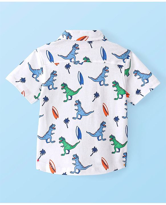 Babyhug Cotton Knit Half Sleeves Regular Collar Dino Printed Shirt - White