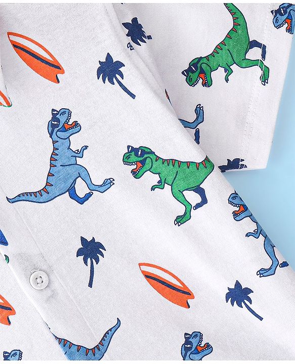 Babyhug Cotton Knit Half Sleeves Regular Collar Dino Printed Shirt - White