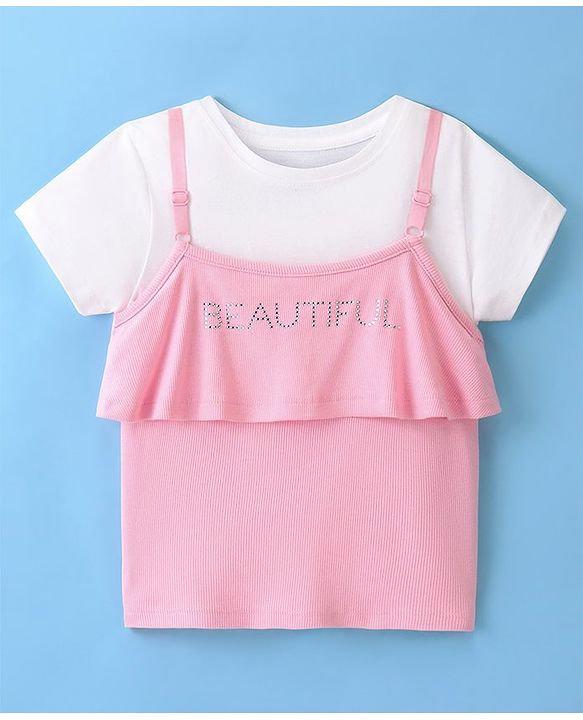 Pine Kids Cotton Beautiful Embellished Top with Half Sleeves Inner Tee - Pink & Snow White