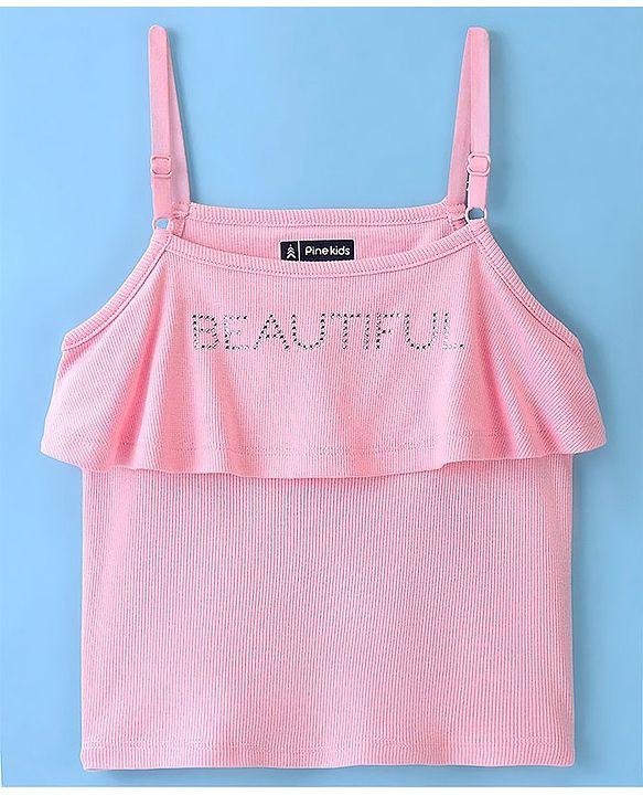 Pine Kids Cotton Beautiful Embellished Top with Half Sleeves Inner Tee - Pink & Snow White