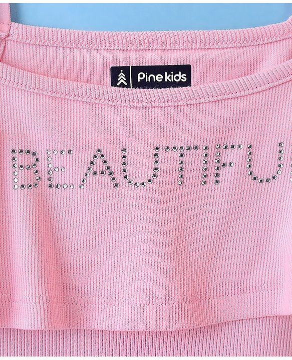 Pine Kids Cotton Beautiful Embellished Top with Half Sleeves Inner Tee - Pink & Snow White