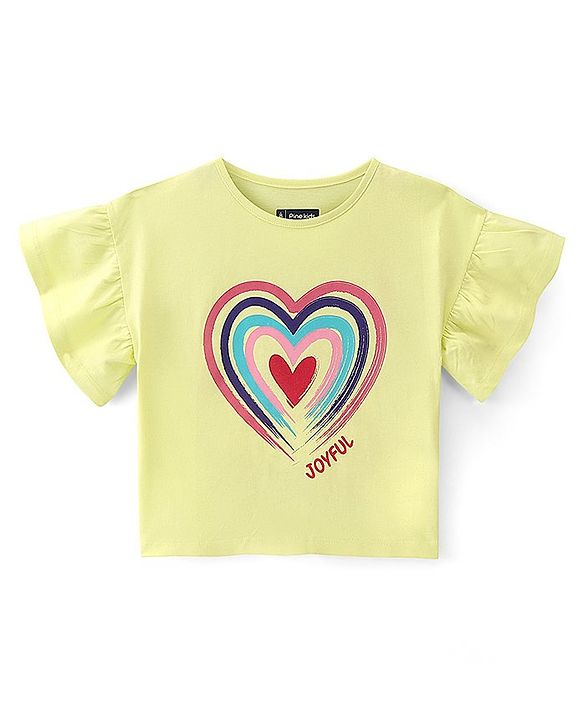 Pine Kids Cotton Knit Half Sleeves Top Heart Print - Yellow