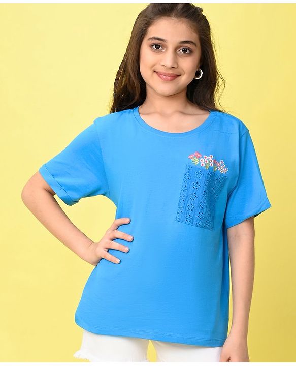 Pine Kids Cotton Knit Half Sleeves T-Shirt Floral Embroidery - Blue