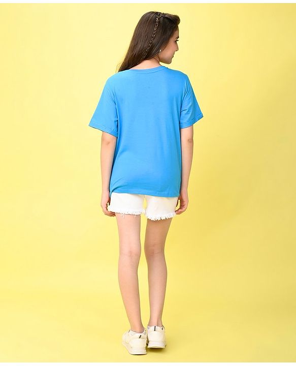 Pine Kids Cotton Knit Half Sleeves T-Shirt Floral Embroidery - Blue