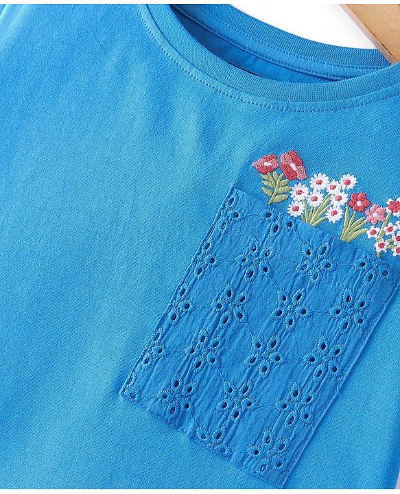 Pine Kids Cotton Knit Half Sleeves T-Shirt Floral Embroidery - Blue