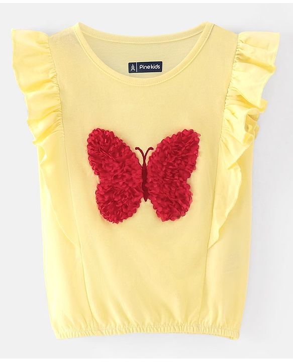 Pine Kids Cotton Knit Frill Sleeves Butterfly Applique Top - Yellow