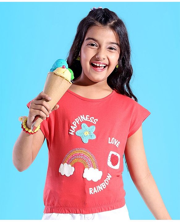 Pine Kids 100% Cotton Knit Sleeveless Top Rainbow Embroidered - Red
