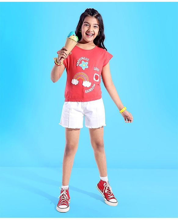 Pine Kids 100% Cotton Knit Sleeveless Top Rainbow Embroidered - Red