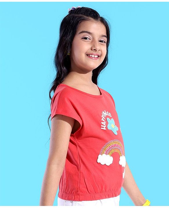 Pine Kids 100% Cotton Knit Sleeveless Top Rainbow Embroidered - Red