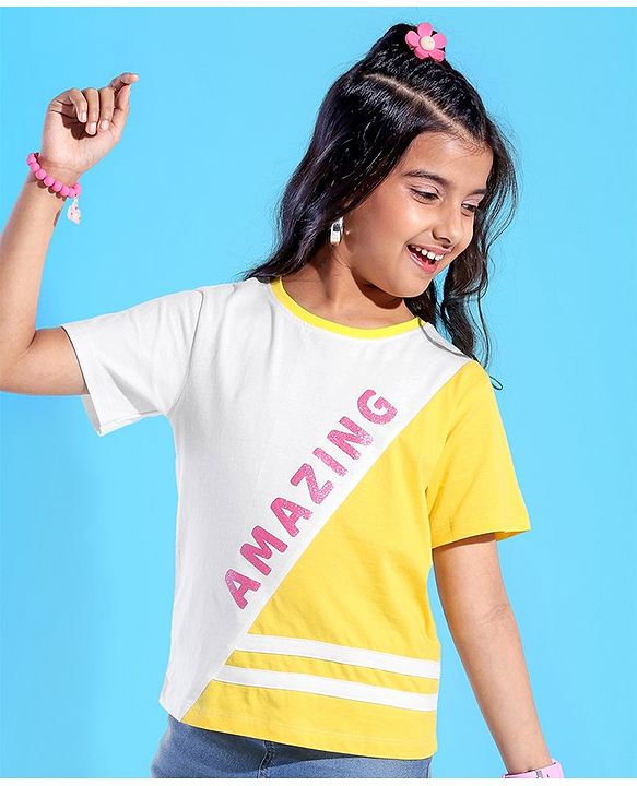 Pine Kids 100% Cotton Half Sleeves T-Shirt Cut & Sew Design - Snow White & Yellow