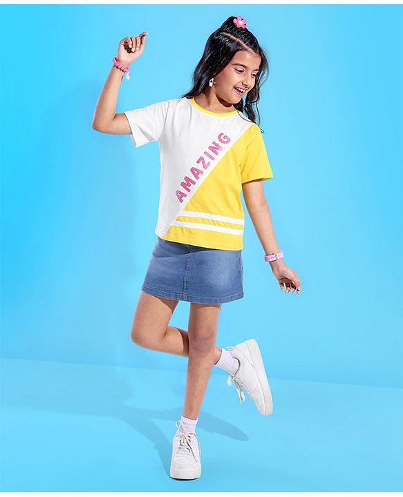 Pine Kids 100% Cotton Half Sleeves T-Shirt Cut & Sew Design - Snow White & Yellow