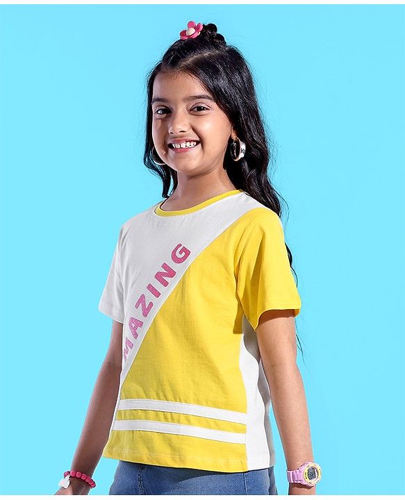 Pine Kids 100% Cotton Half Sleeves T-Shirt Cut & Sew Design - Snow White & Yellow