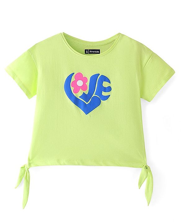 Pine Kids 100% Cotton Knit Half Sleeves T-Shirts Floral Print - Green