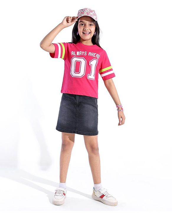 Pine Kids Cotton Knit Half Sleeves T-Shirts Text Print- Rose Red