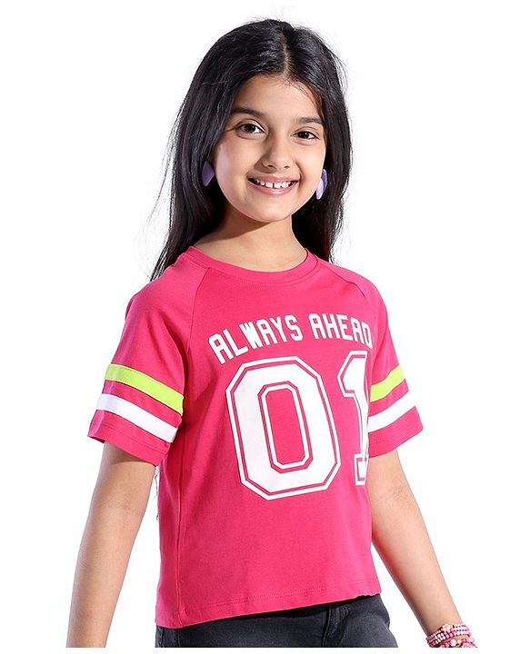 Pine Kids Cotton Knit Half Sleeves T-Shirts Text Print- Rose Red