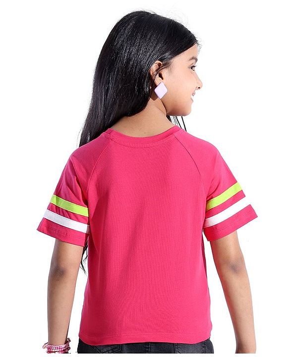 Pine Kids Cotton Knit Half Sleeves T-Shirts Text Print- Rose Red