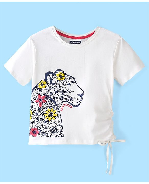 Pine Kids Cotton Knit Half Sleeves T-Shirts Floral & Lioness Print- Snow White