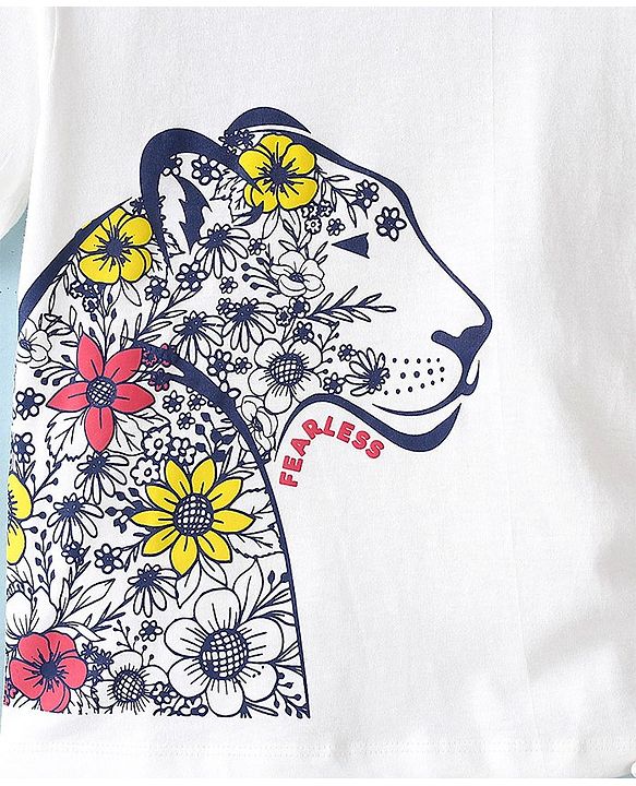 Pine Kids Cotton Knit Half Sleeves T-Shirts Floral & Lioness Print- Snow White