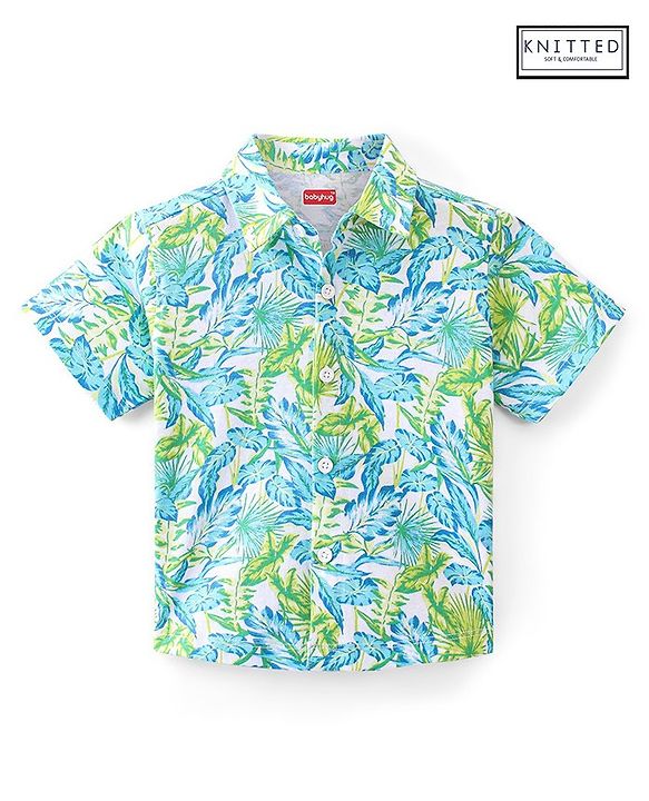 Babyhug 100% Cotton Knit Half Sleeve Shirt With Tropical Print - Blue & Green