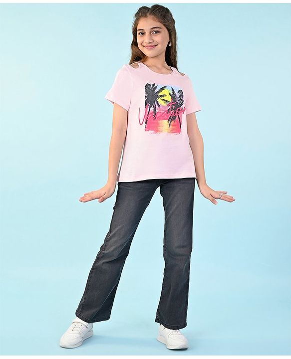 Pine Kids 100% Cotton Knit Half Sleeves Top Beach Theme- Pink