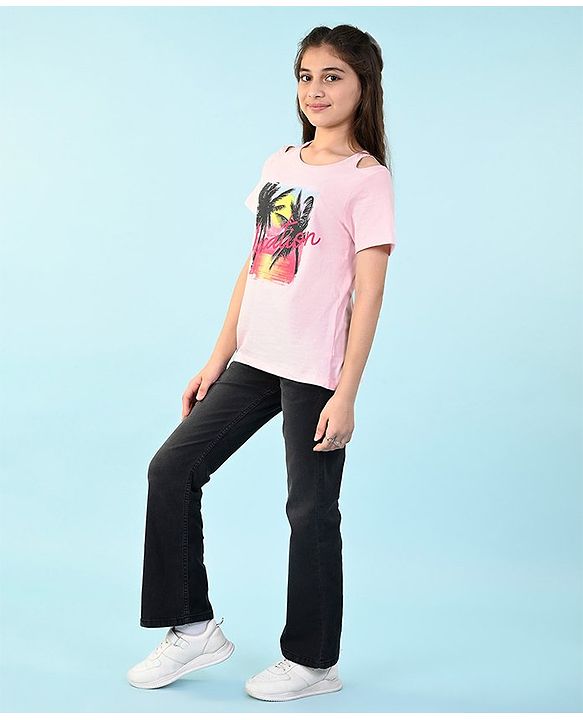 Pine Kids 100% Cotton Knit Half Sleeves Top Beach Theme- Pink