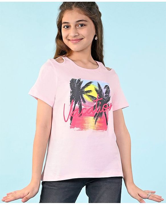 Pine Kids 100% Cotton Knit Half Sleeves Top Beach Theme- Pink