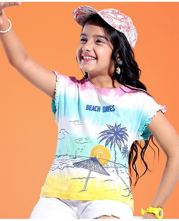 Pine Kids 100% Cotton Knit Sleeveless T-Shirt Beach Print - Snow White