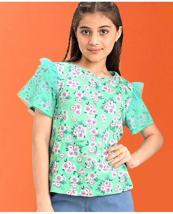 Pine Kids 100% Cotton Half Sleeves Floral Print Top - Green