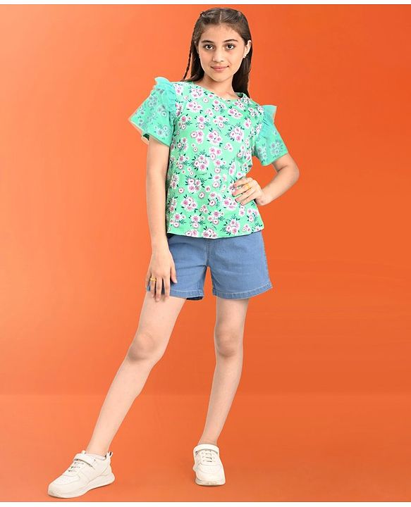 Pine Kids 100% Cotton Half Sleeves Floral Print Top - Green