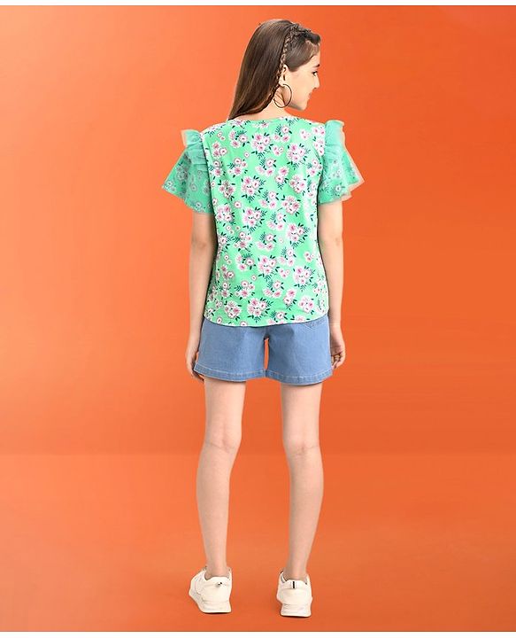 Pine Kids 100% Cotton Half Sleeves Floral Print Top - Green