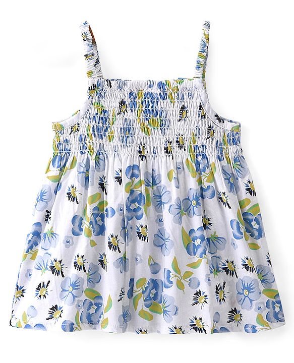 Babyhug 100% Cotton WovenSleeveless Singlet  Top with Smocking & Bow Detailing Floral Print - White