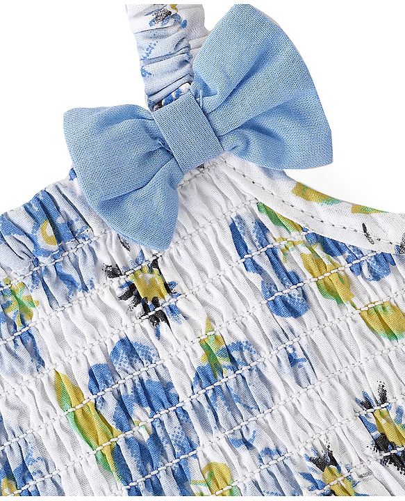 Babyhug 100% Cotton WovenSleeveless Singlet  Top with Smocking & Bow Detailing Floral Print - White