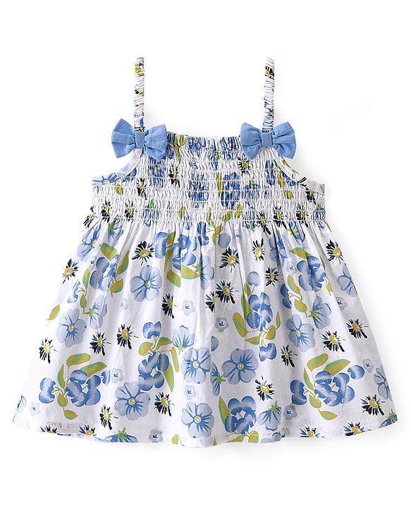 Babyhug 100% Cotton WovenSleeveless Singlet  Top with Smocking & Bow Detailing Floral Print - White