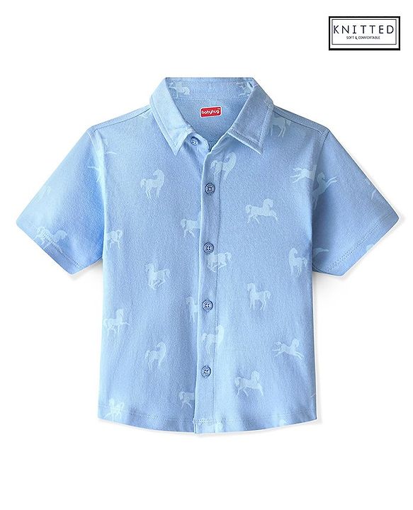 Babyhug 100% Cotton Knit Half Sleeves Shirt Horse Print - Blue