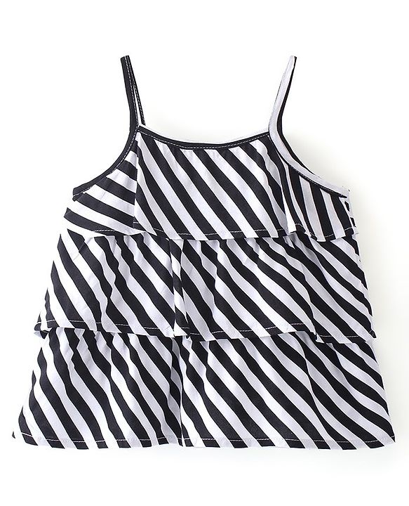 Babyhug Rayon Woven Striped Singlet Ruffled Top - Black & White