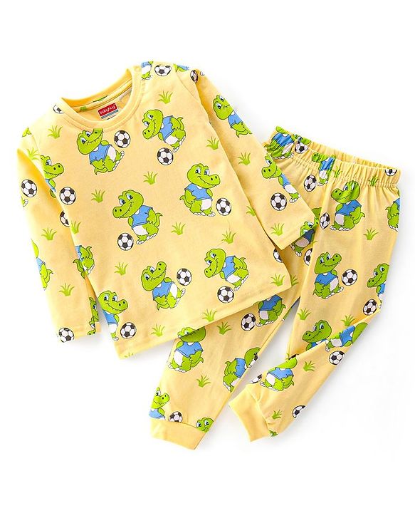 Babyhug Cotton Single Jersey Knit Full Sleeves Night Suit Croc Print - Yellow