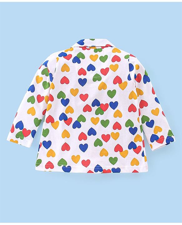 Babyhug Cotton Knit Full Sleeves Heart Printed Night Suit - White